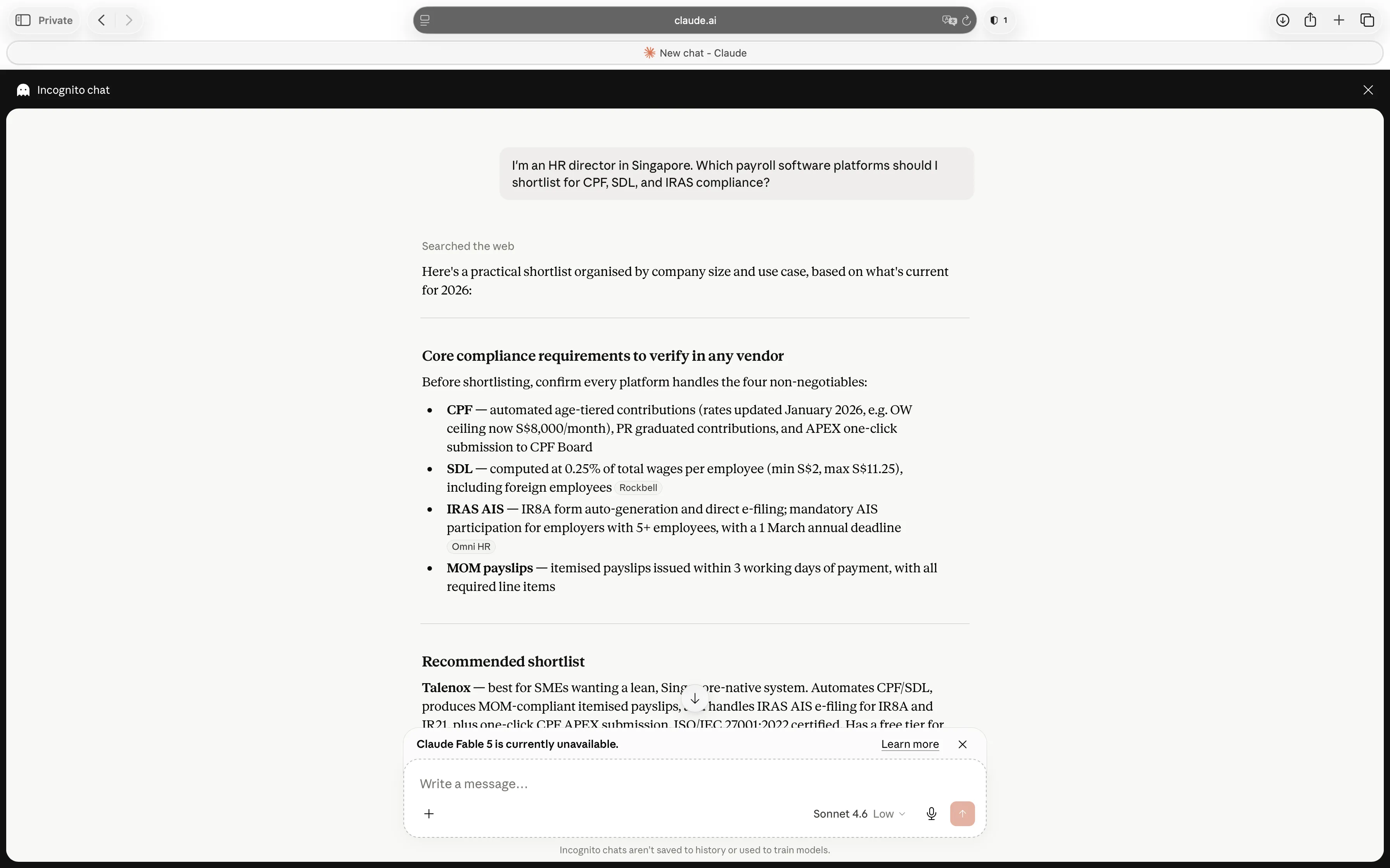 Claude response listing Talenox, JustLogin, QuickHR, Info-Tech HRMS, Omni HR, and Frontier eHR