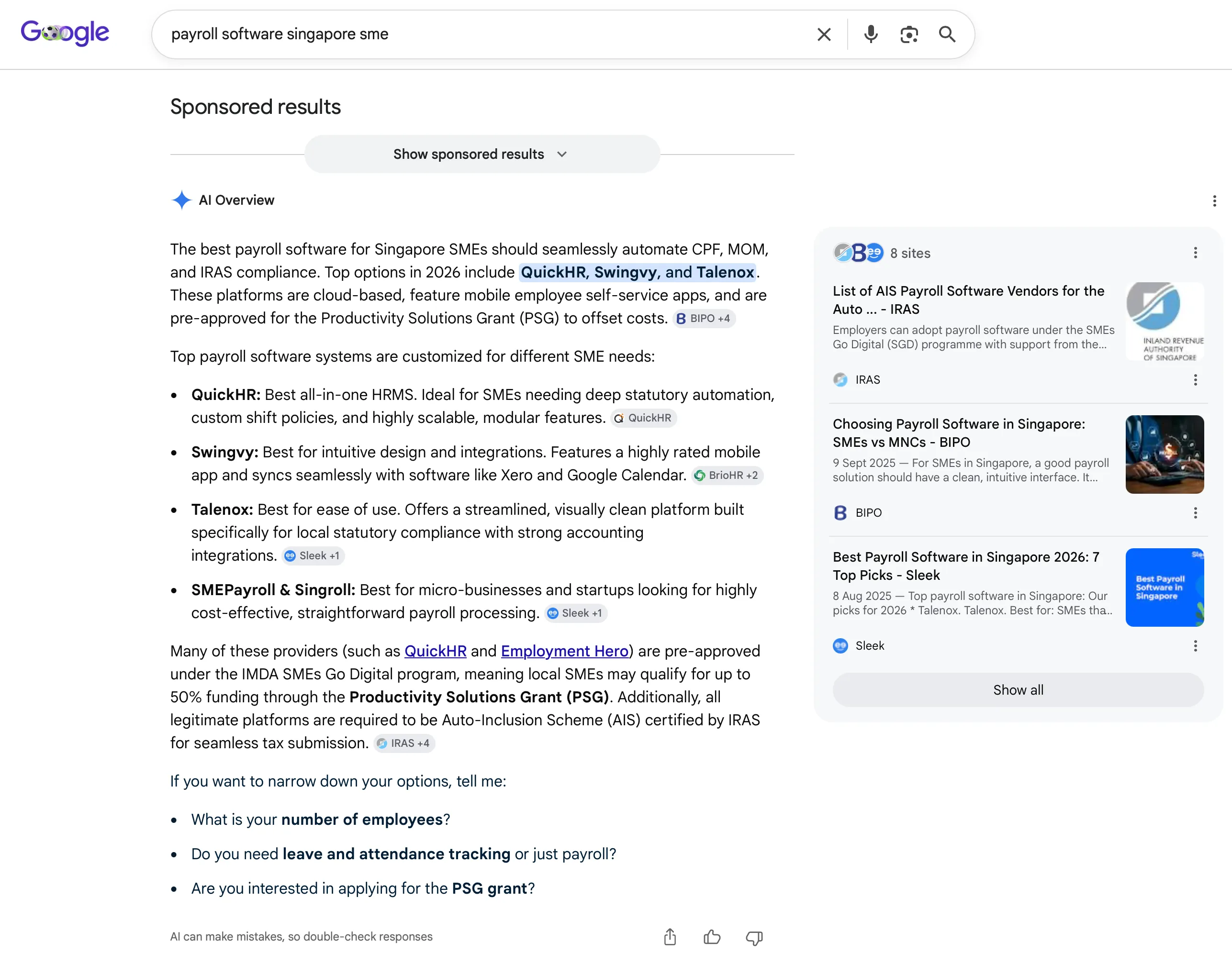 Google AI Overview for payroll software singapore sme naming QuickHR, brioHR, Talenox, SMEPayroll, Swingvy, and Singroll