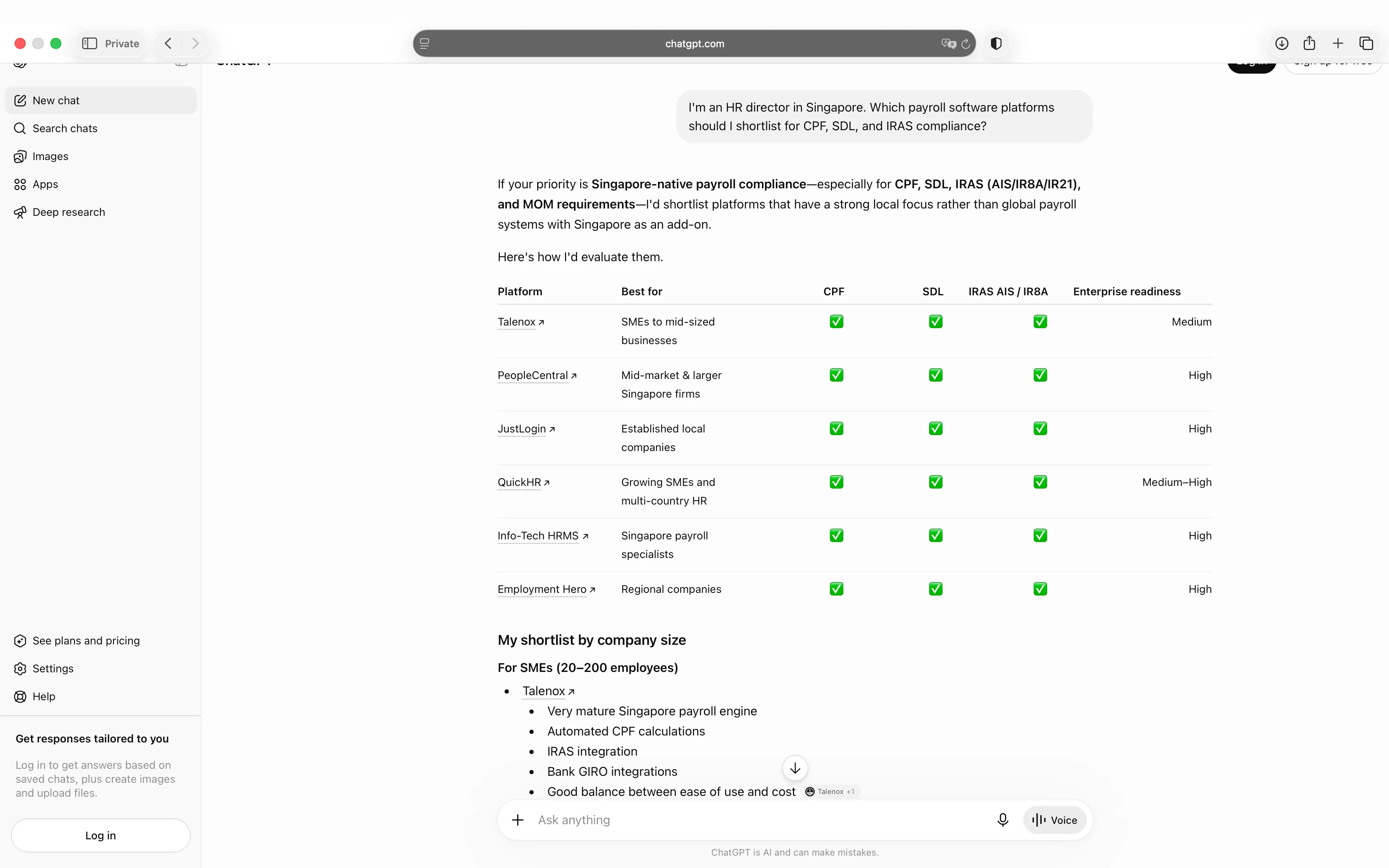 ChatGPT response listing Talenox, PeopleCentral, JustLogin, QuickHR, and other payroll vendors for Singapore compliance