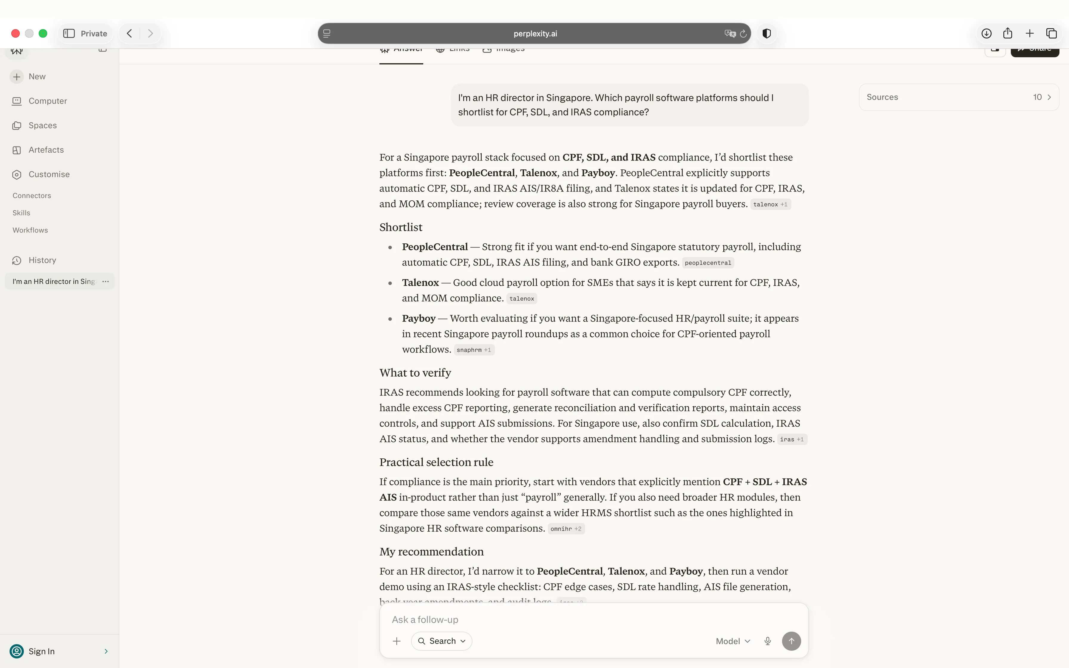 Perplexity response recommending PeopleCentral, Talenox, and Payboy for Singapore payroll